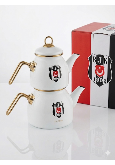 Beşiktaş Lisanslı Arma Logo Çaydanlık Beyaz - Siyah