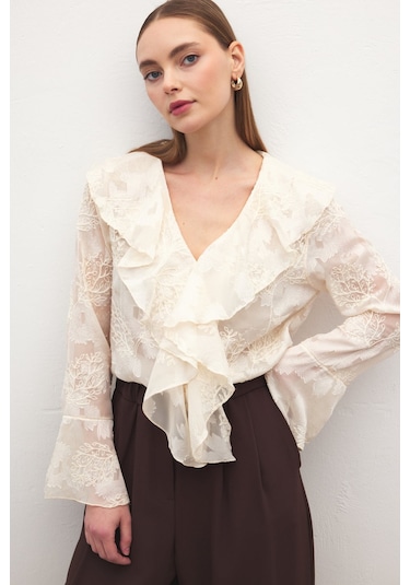 Sateen Fırfır Detaylı Nakışlı Gömlek - Bej-137182 bej