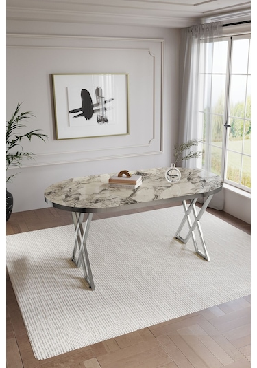 Mutfak Masası Takımı 6 Kişilik Masa Takımı Elma Avangarde Yemek Masa Takımı Benchli Beyaz Mermer Gümüş