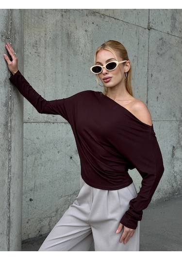 Kadın Kayık Yaka Full Esnek Asimetrik Kesim Comfort Spor Şık Tasarım Yumoş Bluz Kahverengi
