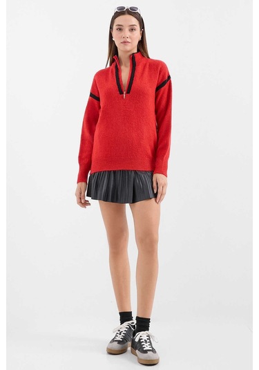 Gabria Fermuarlı Şeritli Kazak Kırmızı