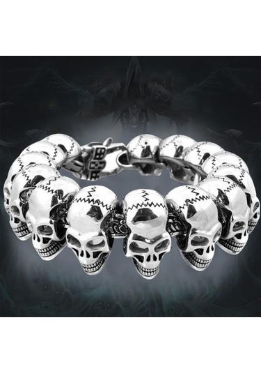 Novahub Gotik Kafatası Vintage Erkek Bileklik - Siyah Punk Paslanmaz Çelik Bilezik - Gümüş Renk Gümüş