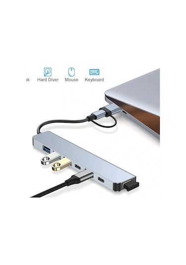 Alüminyum Usb Hub 7 in 1 Usb  / Type-C To Usb A, Usb C, Usb 2.0