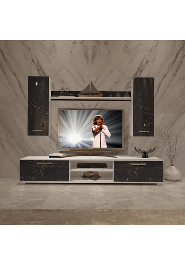 Decoraktiv Eko 7 Mdf Dvd Tv Ünitesi Tv Sehpası Beyaz - Siyah Mermer