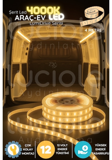 Lumidrive 4m 4000k Doğal Beyaz Led Şerit 12v Kablolu, Araç İçi Aydınlatma, Kesilebilir, Yapışkanlı
