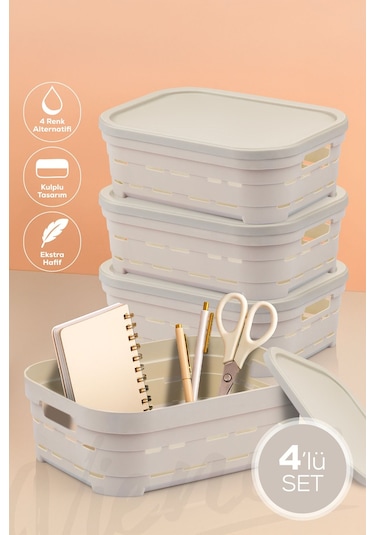 Vienev 4'lü Kapaklı 2,8 Litre Delikli Saklama Kutusu Bej Bej