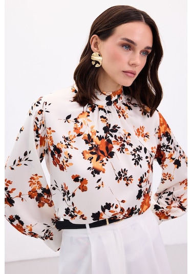Sateen Dik Yaka Bluz - Oranj-136868 Oranj