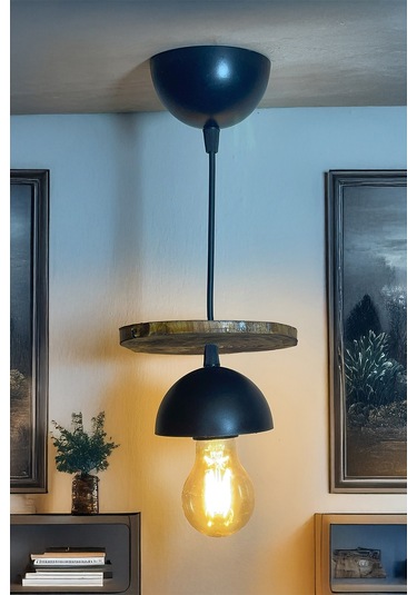 Tekli Minimal Rustik Ahşap Avize El Yapımı Bohem Doğal Ahşap Tasarım İskandinav Dekor Lamba Sarkıt Siyah