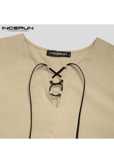 Incerun %100 Pamuk Erkek Uzun Kollu Bağcıklı Gömlek Vintage Düz Renk Rahat Gömlek Üstleri S-xxxxxl Açık Gri