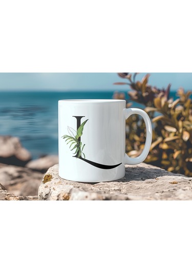 L Harf Zarif Yaprak Desenli Kupa Bardak - Naturel Sade Alfabe Harfli Bardak - Kişiye Özel Hediye Beyaz