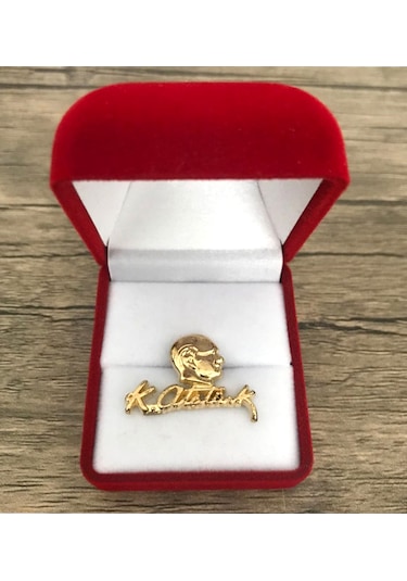 Atatürk İmzalı Ve Büstlü Şık Kutulu Yaka Rozeti Gold Altın