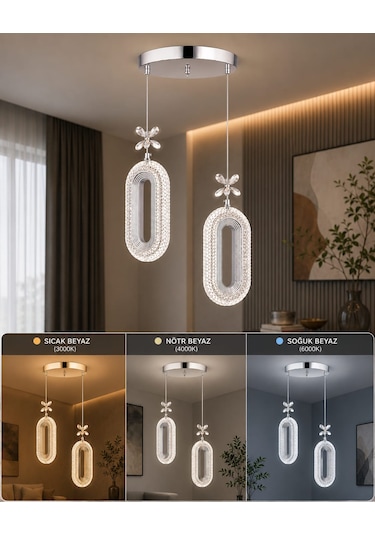 Serra Model 2'li Avizeb 3 Renk Modu Ledli Modern Salon Mutfak Oturma Odası Led Avize Krom