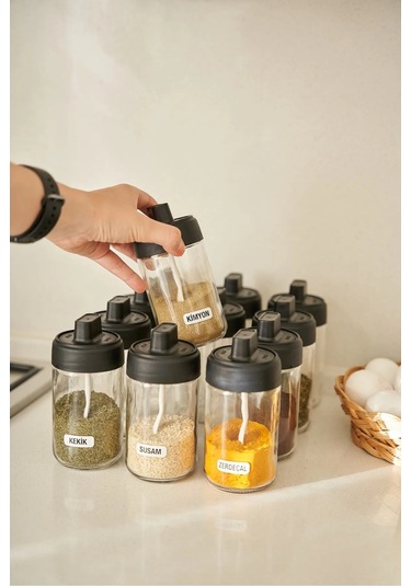 12 Parça Bianco 12'li Kendinden Kaşıklı Kilitli Kapaklı Baharat Takımı Cam ŞEffaf