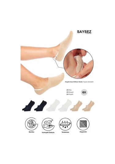 Bambu Kadın Babet Renk Çorap Dikişsiz Görünmez Kaydırmaz Topuk Silikonlu Premium 6'lı Renkli