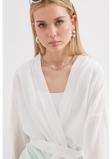 Bigdart 5835 Yırtmaçlı Yazlık Kimono - Beyaz 001