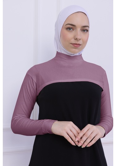 Balıkçı Yaka Boyunluklu Kolluk Gül Kurusu Pembe - Likralı Dik Yakalı Kadın Body Tesettür Crop Bolero Gül Kurusu