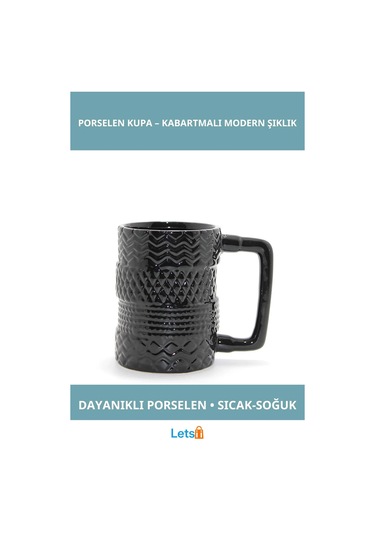 Siyah Kabartmalı Tasarım Porselen Kupa Bardak Çok Renkli