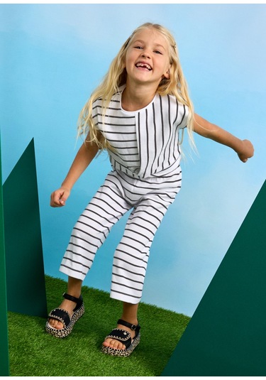 Mayoral 3559 Kız Çocuk Beyaz-antrasit Çizgili Pantolon Takım Beyaz