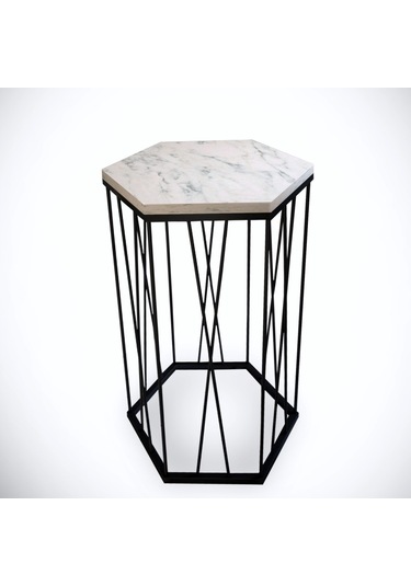 Cetrus Beyaz Mermer Yan Sehpa & Servis Sehpası Metal Marmo