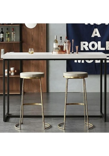 Tory Gold Metal Yuvarlak Doğal Ahşap Bar Taburesi Gold