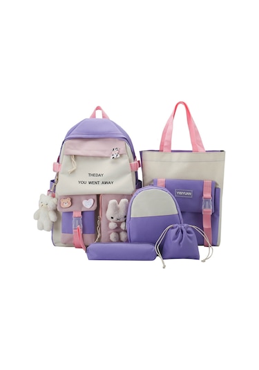 Moveevo Renkli Kumaşlı 5 Parça Aksesuar Seti İle Büyük Kapasiteli Çift Omuzlu Sırt Çantası Mor Renk Çok Renkli