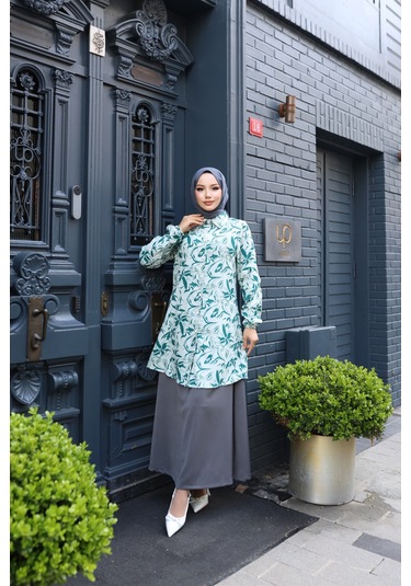 Kadın Yeşil Çiçek Desenli Pamuk Dokuma Kumaş Tunik Gömlek Etekli Takım Tk1417 Yeşil
