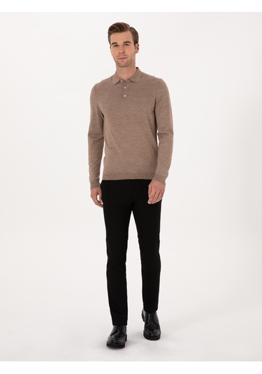 Cacharel Vizon Slim Fit Yün Karışımlı Polo Yaka Basic Triko Kazak Kahverengi