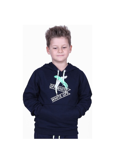 X Baskılı Kanguru Cepli Kapüşonlu Erkek Çocuk Lacivert Sweatshirt Lacivert
