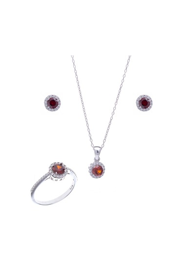 Kırmızı Zirkon Taşlı 925 Ayar Gümüş Kadın Üçlü Tektaş Set