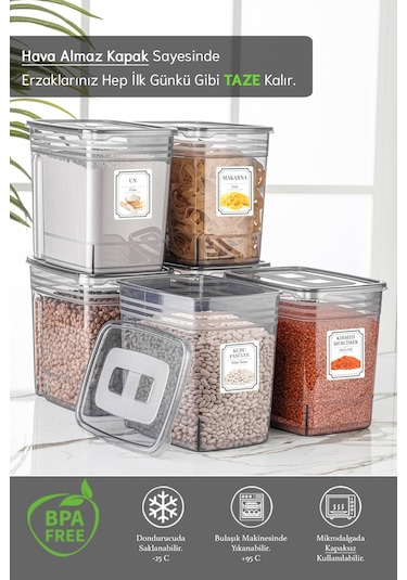 Meleni Home 6'lı Lena Jumbo Set- Un Ve Bakliyat Şeker Erzak Saklama Kabı - Dolap Kiler Düzenleyici Kutu 6x5,5 Lt