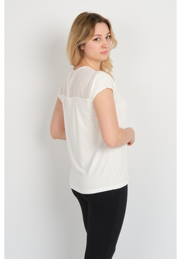 Sistas Kadın V Yaka Omuz Ve Sırt Tül Detaylı Kısa Kol Bluz 4148 Ekru Ekru