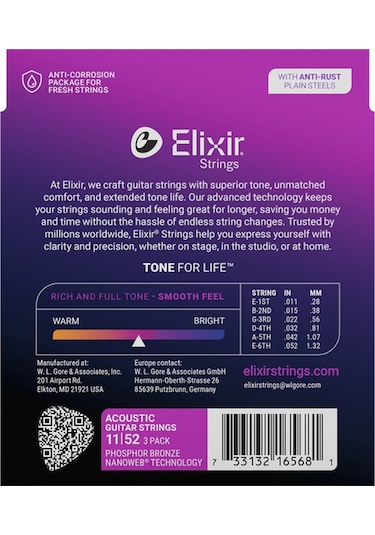 Elixir 011-052 Fosfor Bronz Akustik Gitar Teli Ekonomik 3'lü Set 16568