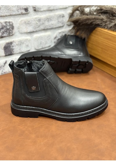 Hakiki Deri Büyük Numara Ortopedik Kürklü Erkek Bot Siyah