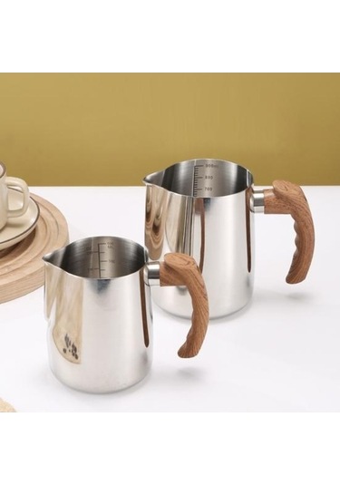 Novahub 600/1000 Ml Beyaz Paslanmaz Çelik Süt Köpürtme Sürahi Ahşap Saplı Fincan Kahve Espresso Cappuccino