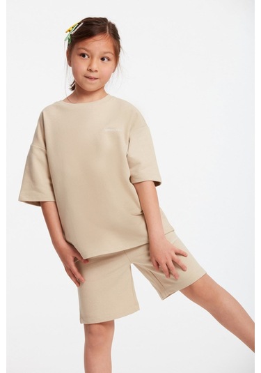 Calı Kız Çocuk Bisiklet Yaka Bej Eşofman Takımı