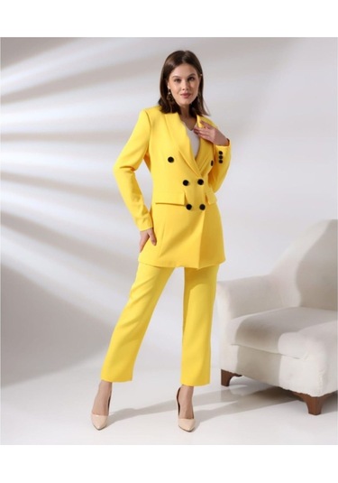 Kadın Kruvaze Blazer Ceket Pamuklu Atlak Kumaş Pantolon Takım Elbise Sarı Sarı