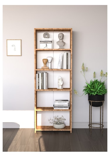 Alpa Ev Mobilya 5 Raflı Kitaplık, Modern Çok Amaçlı Ahşap Ofis, Salon Ve Mutfak Raf Dolabı Atlantik Çam