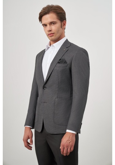 Koyu Antrasit Kazayağı Desen Bez Ayağı Mono Yaka Tam Astar Çift Yırtmaç 2 Düğme 6 Drop Slim Fit Classic Ceket 1002245106 Koyu Antrasit