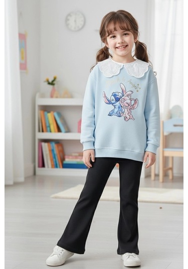 Yaka Detaylı Stitch Desenli Mavi Renk Kız Çocuk Takım Mavi