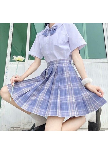 3 Adet Kadın Anime Üniforma Seti Pilili Etekler Yaz Jk Gömlek Kısa Kollu Mini Ekose Etek Takım Elbise Tops Mor