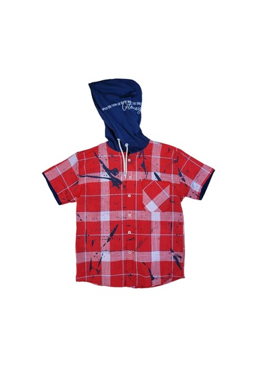 Erkek Çocuk Kapüşonlu Kareli Kısa Kollu Tasarım Gömlek-12523 Kırmızı