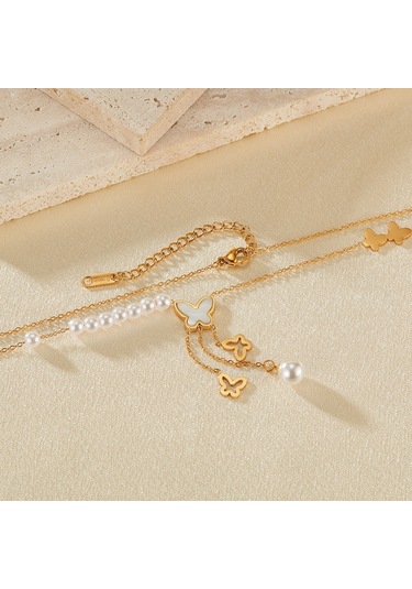 Sones Opk Gx2433 Vintage Hollow Kelebek Püskül İnci Kolye Paslanmaz Çelik Kolye