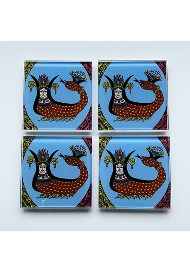 Cam Bardak Altlığı Klasik Şahmeran 4'lü Takım 10cm X 10cm Beyaz