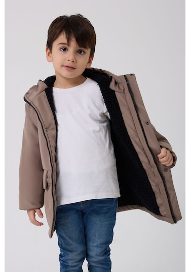 Freemen Erkek Çocuk Vizon Kürklü Su Ve Rüzgar Geçirmez Kapüşonlu 3 Kışlık Mont Vizon