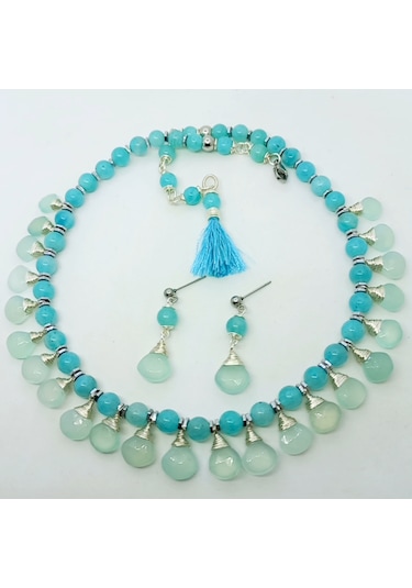 2754 Damla Kalsedon Amazonit Hematit Çelik Aparatlı El Yapımı Kolye 006 - Mavi
