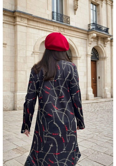 Lacivert Yuvarlak Yaka, Zincir Desenli, Midi Elbise Lacivert