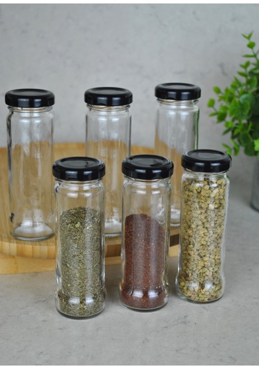 6 Adet 105 Ml Metal Siyah Kapaklı 105 Cc Şeffaf Uzun Cam Kavanoz