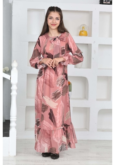 Genç Kız Pamuk Astarlı Şifon Kumaş Uzun Tam Boy Tesettür Elbise Pudra