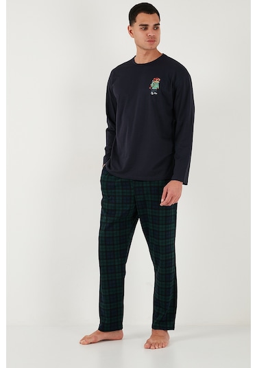 Buratti Ekoseli Regular Fit Yüksek Bel Cepli Bisiklet Yaka Erkek Pijama Takımı 6574002 Lacivert