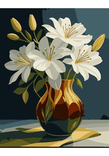 Denic Sayılarla Boyama Seti 40x50 Cm (Çıtalı) Fırça Boya Dahil Numaralı Tuval Çini Vazo Beyaz Sümbül